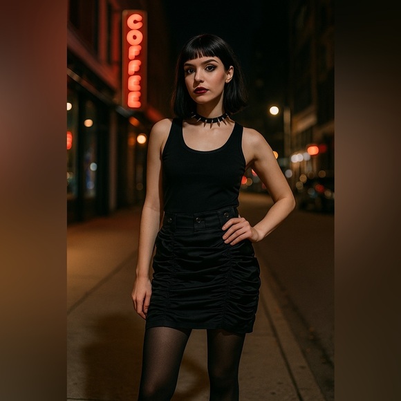 Tess Black Ruched Mini Skirt L Gothic Y2K Club Avant Garde Whimsigoth Steampunk - Picture 2 of 10